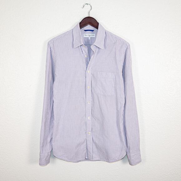 Teddy Stratford NYC Men's zip Button Down Shirt Purple Striped cotton size 1 - Picture 1 of 9